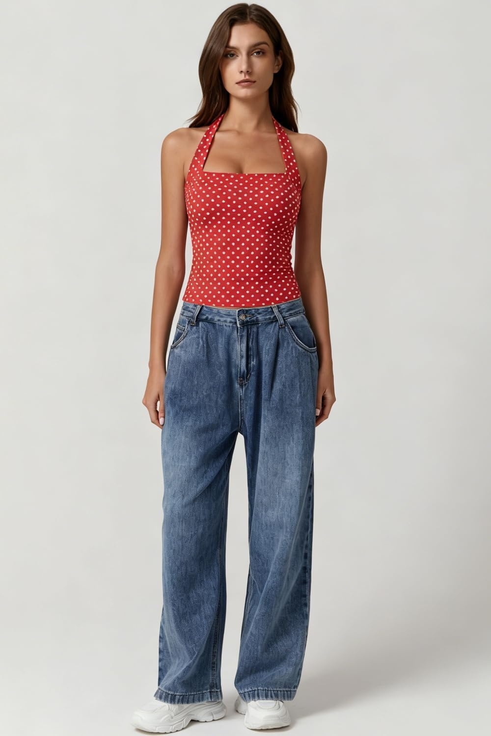 image:imageQINSEN Womens Halter Tank Top Button Closure Cropped Going Out Cami TopsRed With White Dots
