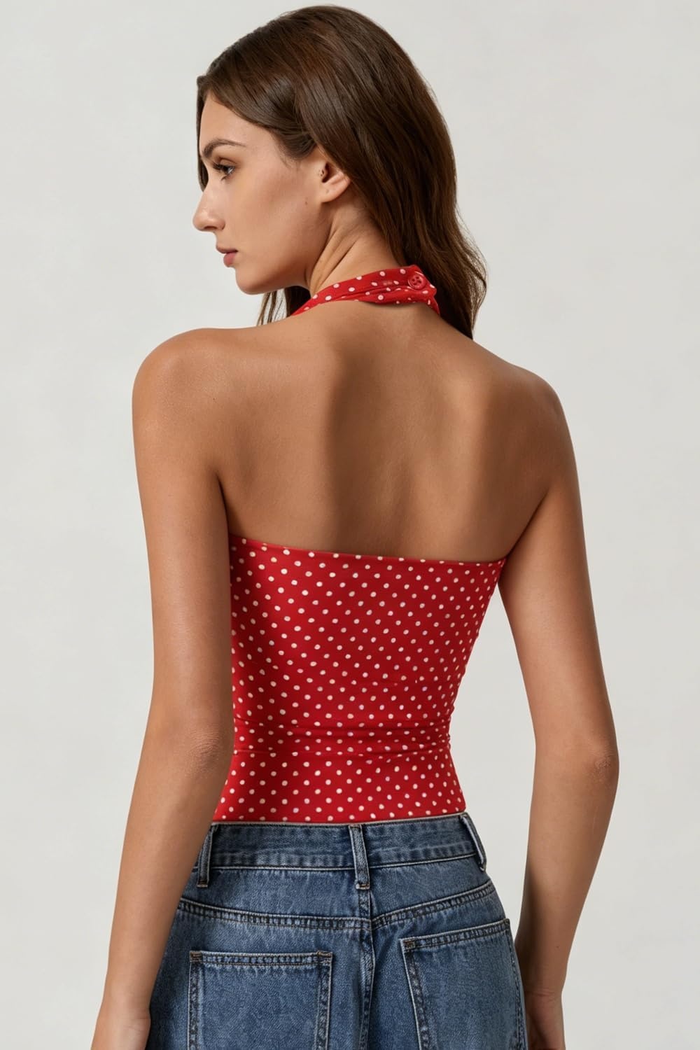 image:imageQINSEN Womens Halter Tank Top Button Closure Cropped Going Out Cami TopsRed With White Dots