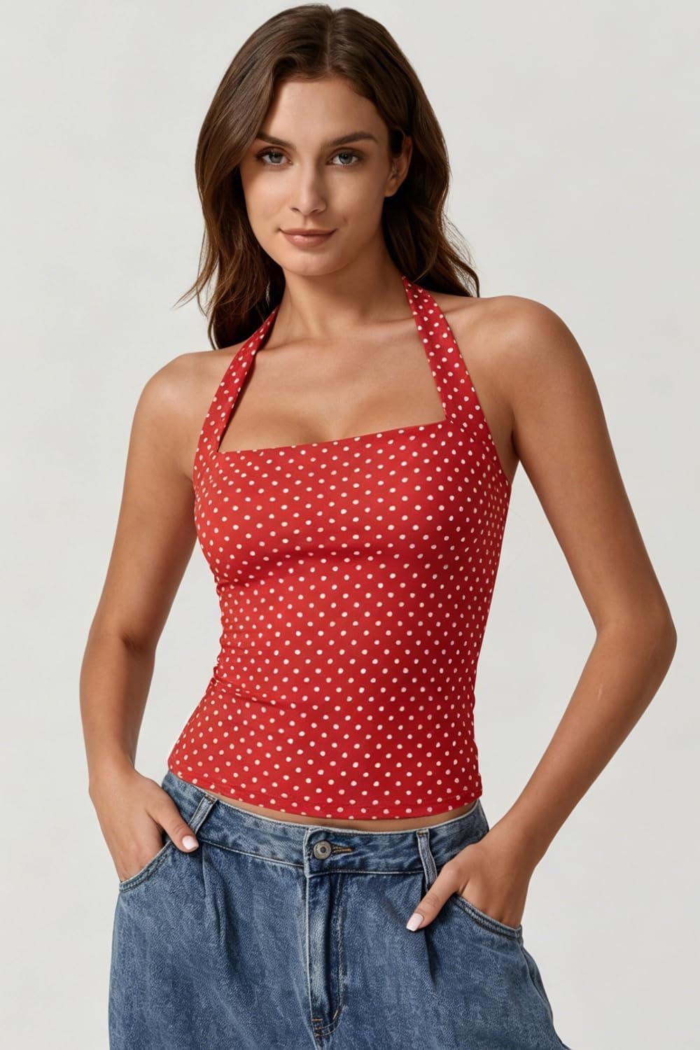image:imageQINSEN Womens Halter Tank Top Button Closure Cropped Going Out Cami TopsRed With White Dots