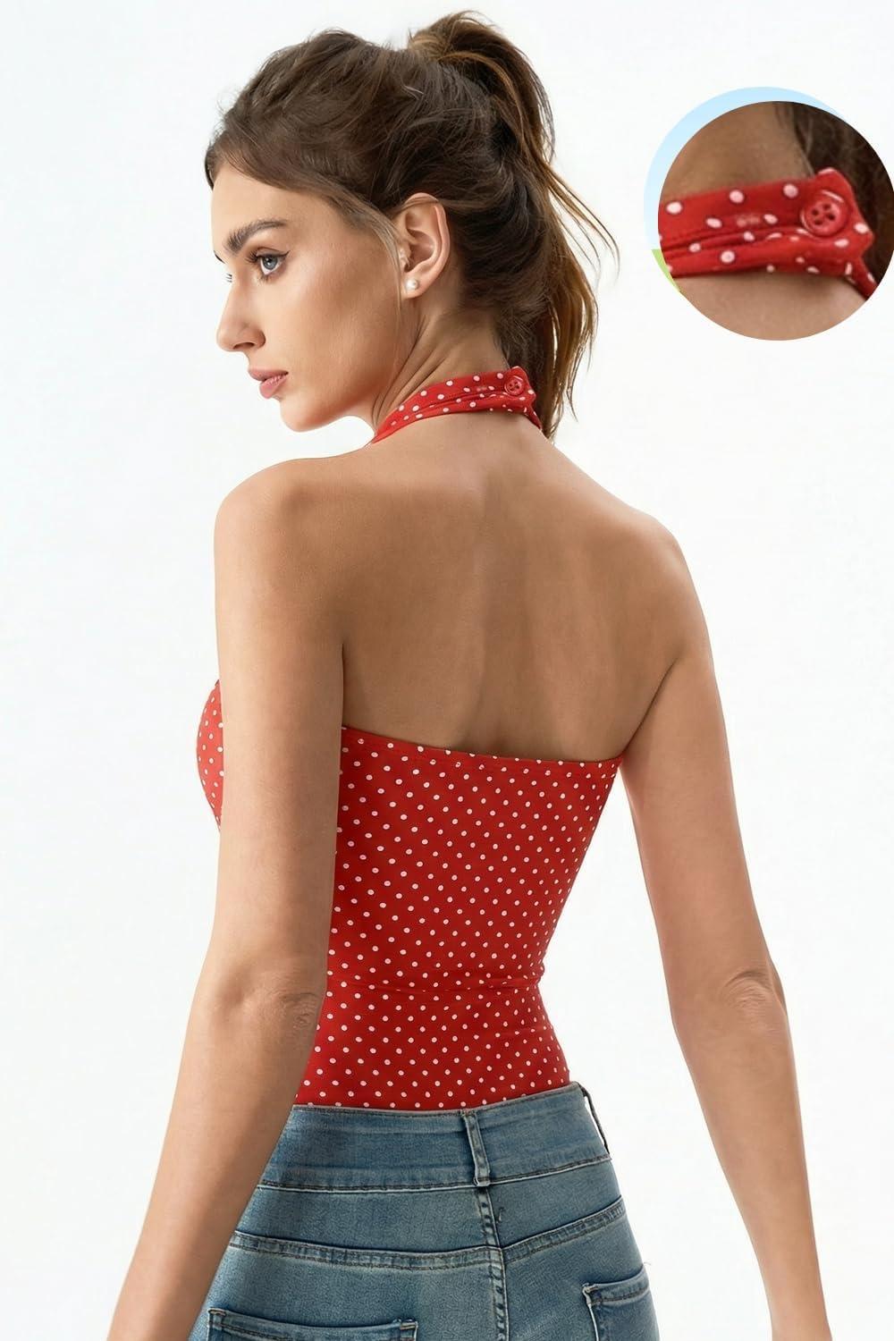 image:imageQINSEN Womens Halter Tank Top Button Closure Cropped Going Out Cami TopsRed With White Dots
