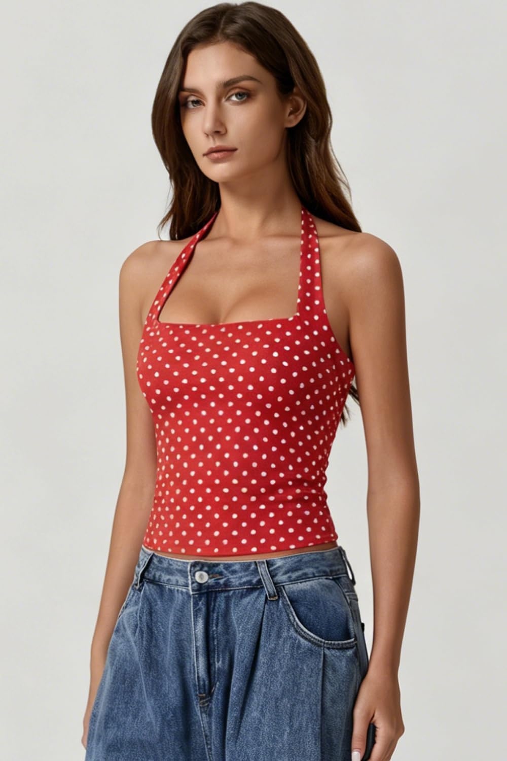 image:imageQINSEN Womens Halter Tank Top Button Closure Cropped Going Out Cami TopsRed With White Dots