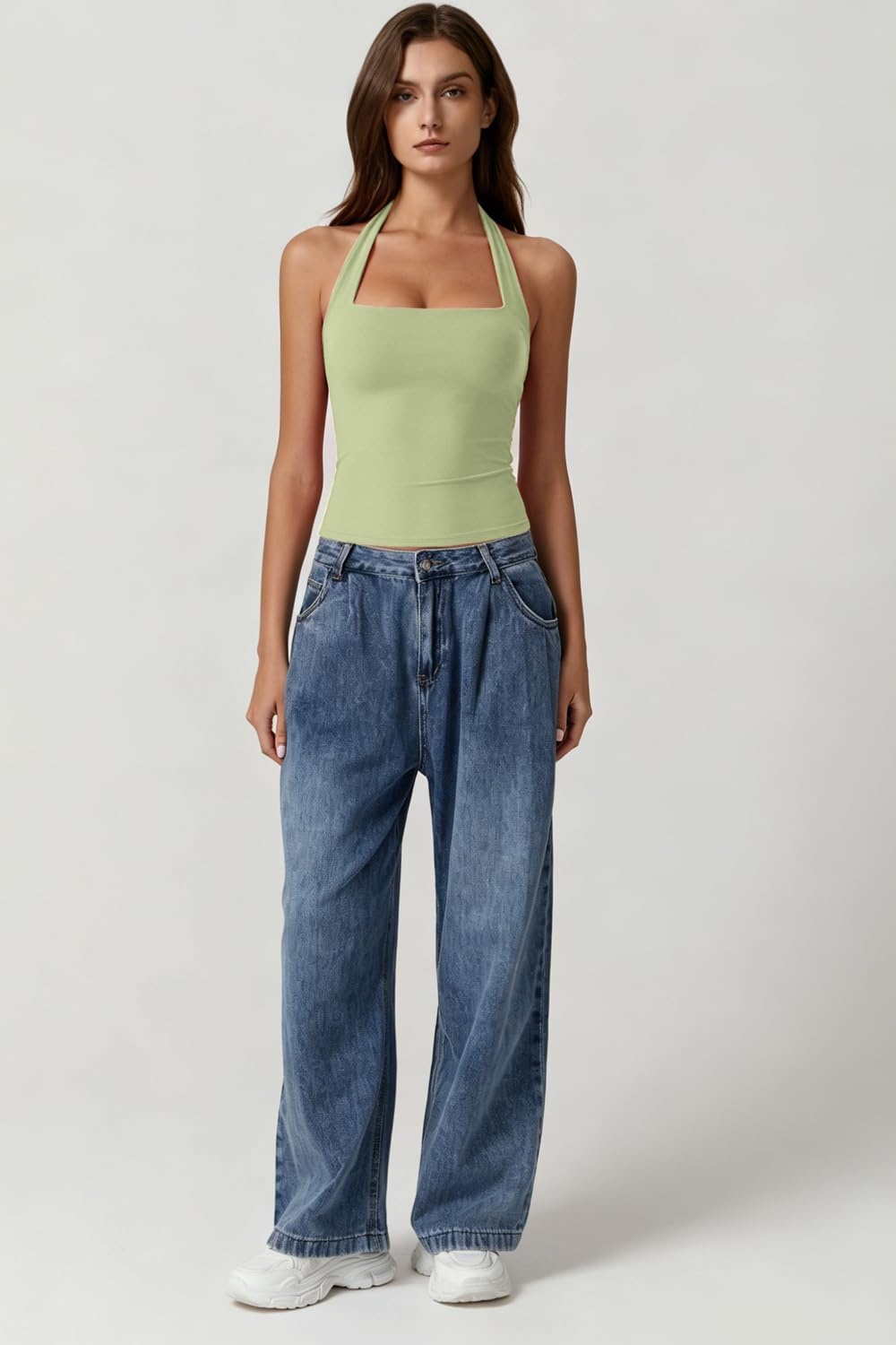 image:imageQINSEN Womens Halter Tank Top Button Closure Cropped Going Out Cami TopsSage Green