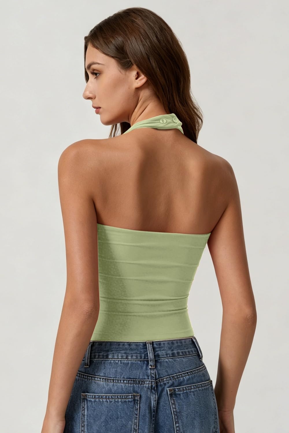 image:imageQINSEN Womens Halter Tank Top Button Closure Cropped Going Out Cami TopsSage Green