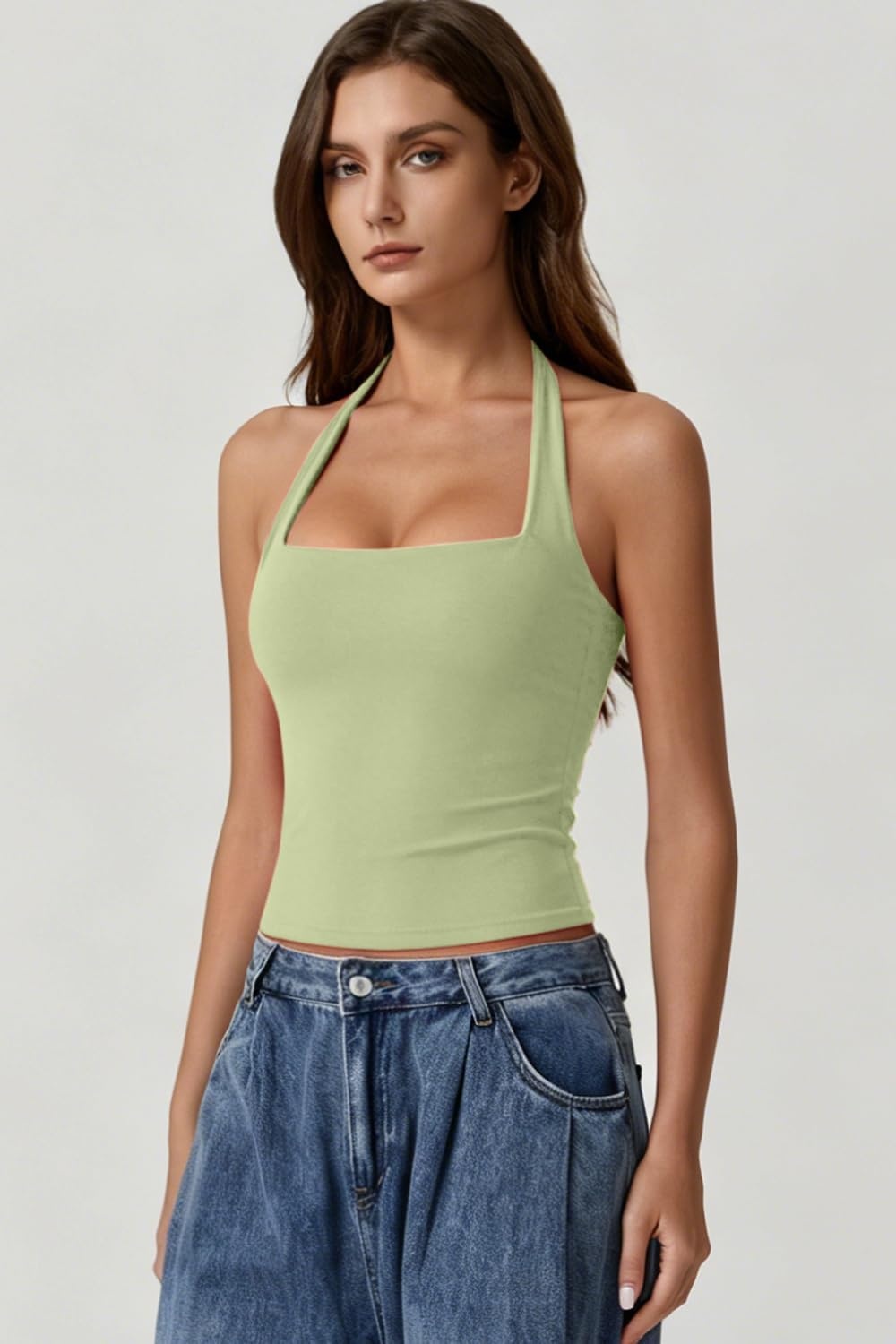 image:imageQINSEN Womens Halter Tank Top Button Closure Cropped Going Out Cami TopsSage Green