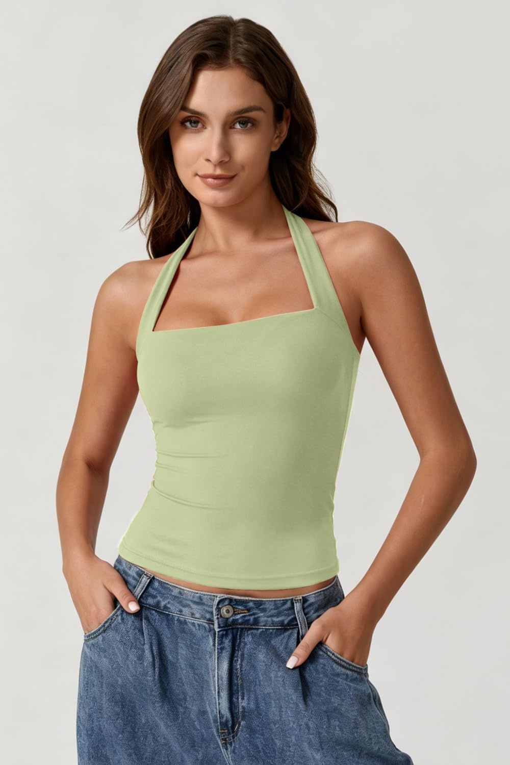 image:imageQINSEN Womens Halter Tank Top Button Closure Cropped Going Out Cami TopsSage Green