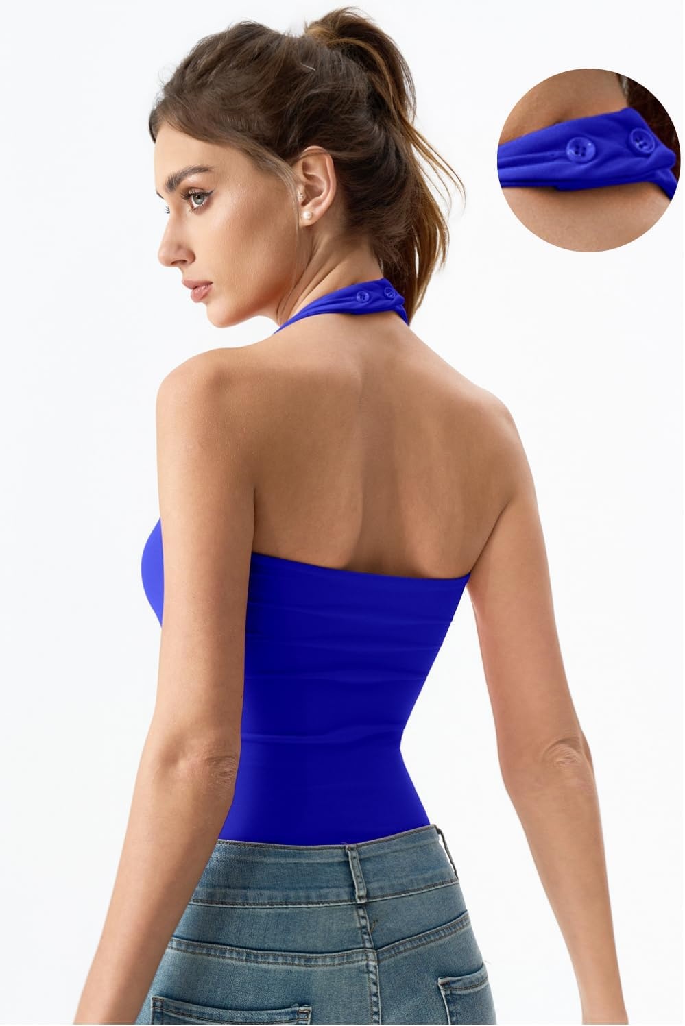 image:imageQINSEN Womens Halter Tank Top Button Closure Cropped Going Out Cami TopsSapphire