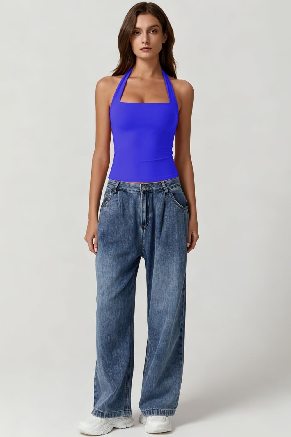 image:imageQINSEN Womens Halter Tank Top Button Closure Cropped Going Out Cami TopsSapphire