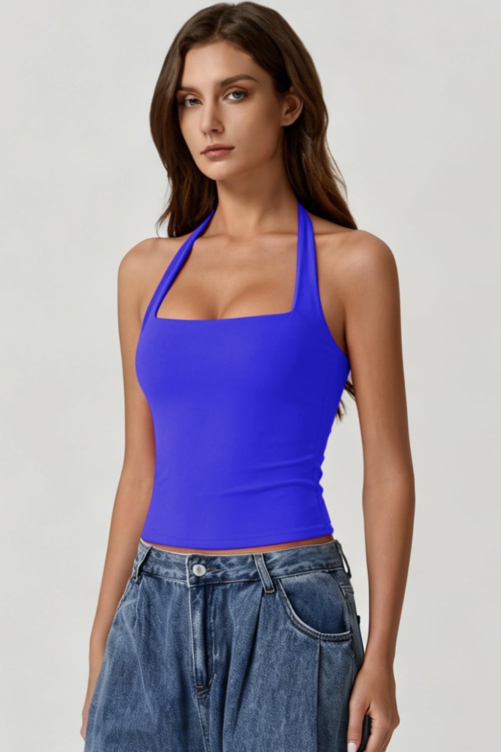 image:imageQINSEN Womens Halter Tank Top Button Closure Cropped Going Out Cami TopsSapphire