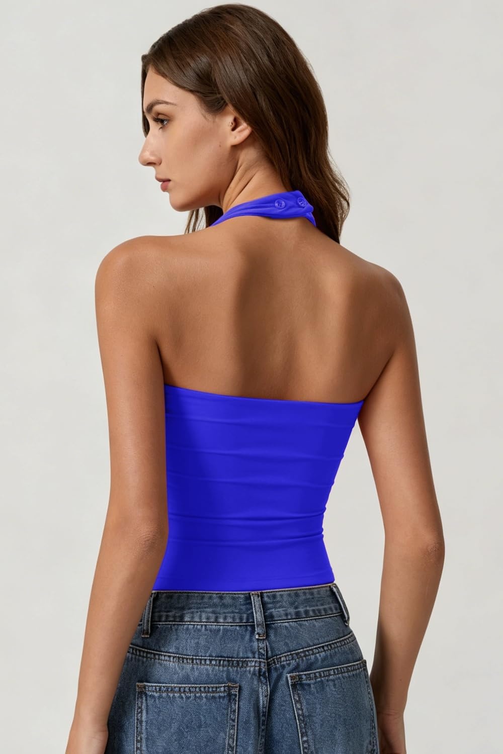 image:imageQINSEN Womens Halter Tank Top Button Closure Cropped Going Out Cami TopsSapphire