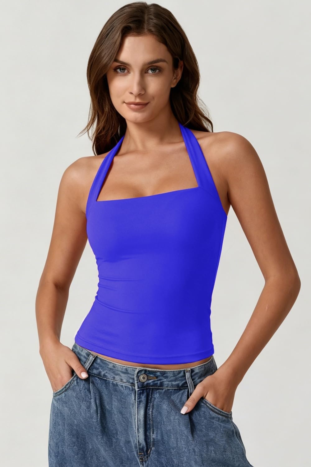 image:imageQINSEN Womens Halter Tank Top Button Closure Cropped Going Out Cami TopsSapphire