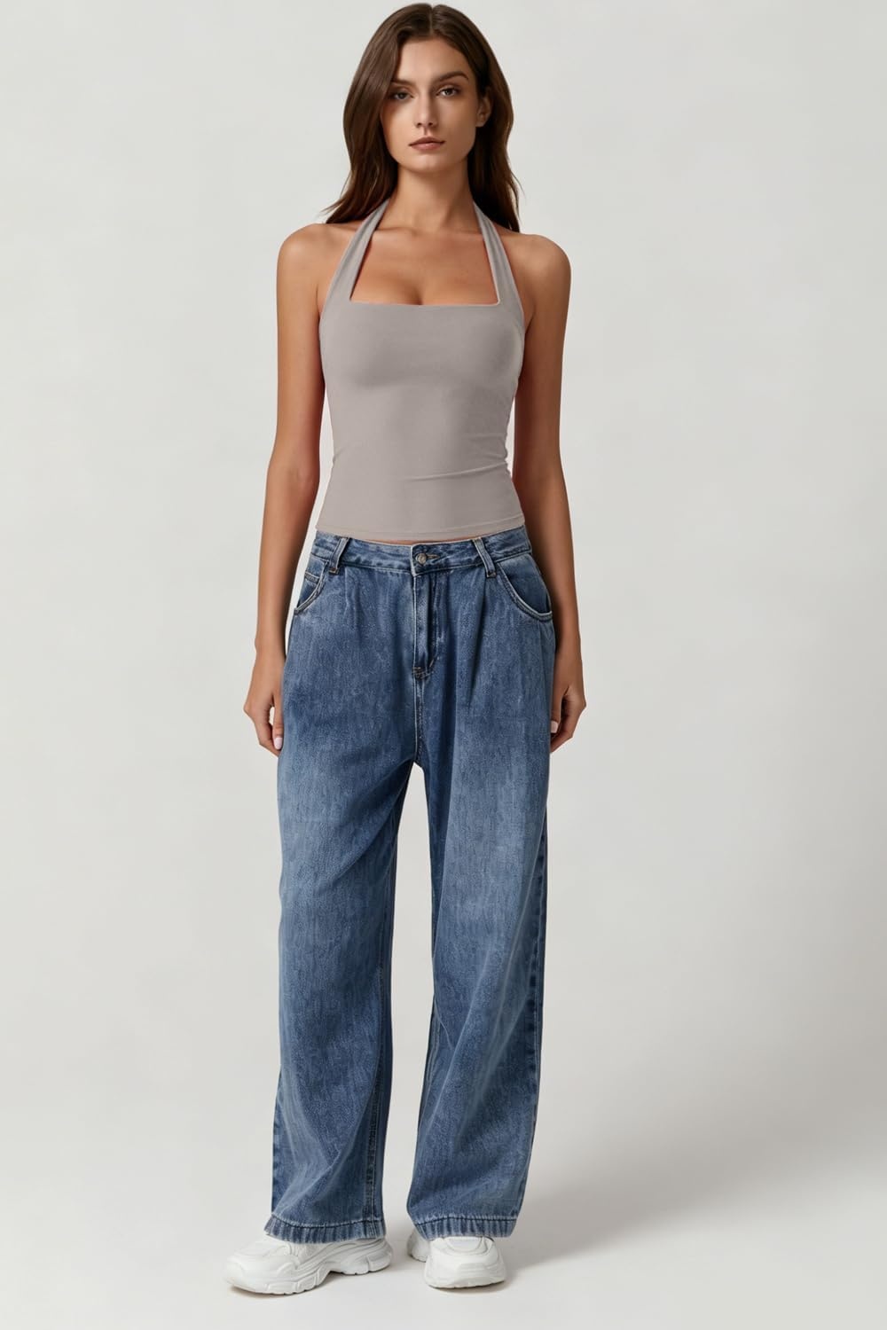 image:imageQINSEN Womens Halter Tank Top Button Closure Cropped Going Out Cami TopsTaupe