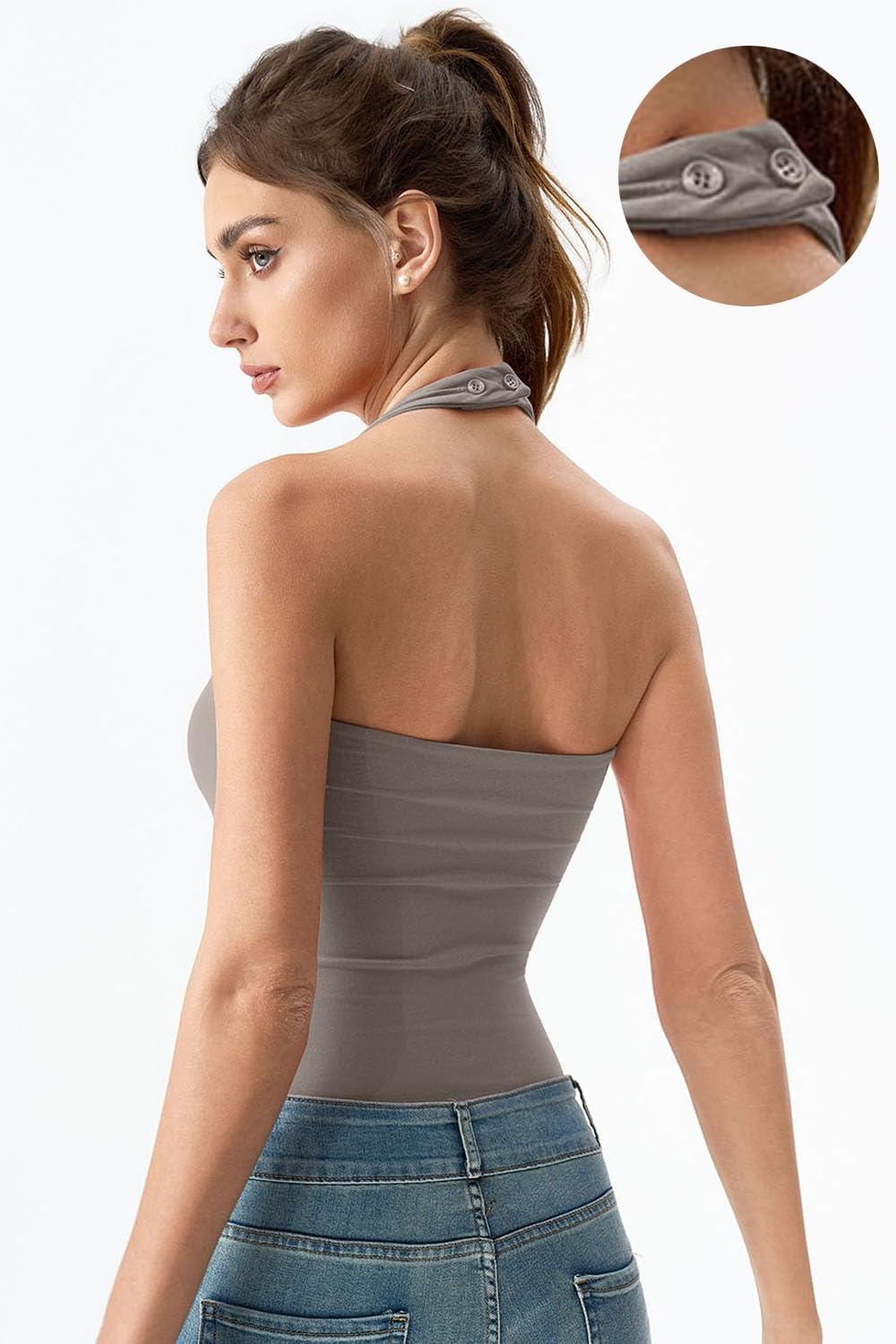 image:imageQINSEN Womens Halter Tank Top Button Closure Cropped Going Out Cami TopsTaupe