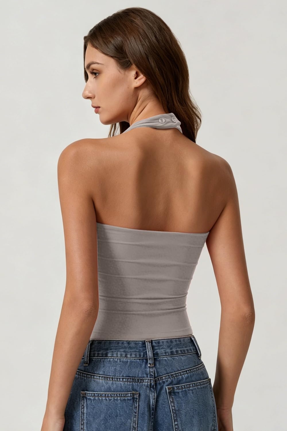 image:imageQINSEN Womens Halter Tank Top Button Closure Cropped Going Out Cami TopsTaupe