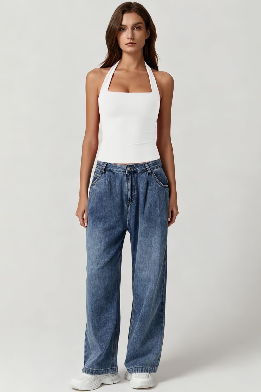 image:imageQINSEN Womens Halter Tank Top Button Closure Cropped Going Out Cami TopsWhite