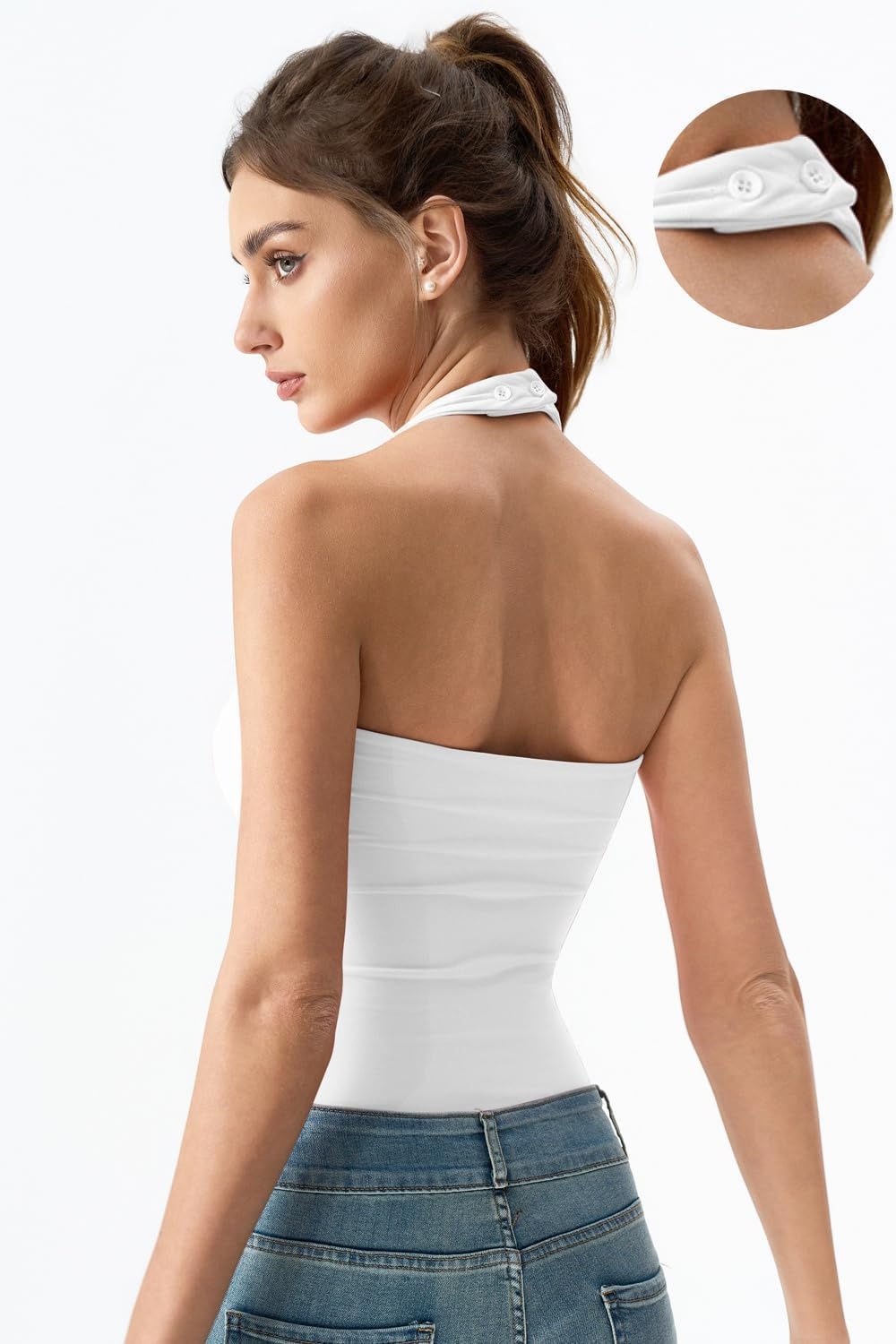 image:imageQINSEN Womens Halter Tank Top Button Closure Cropped Going Out Cami TopsWhite