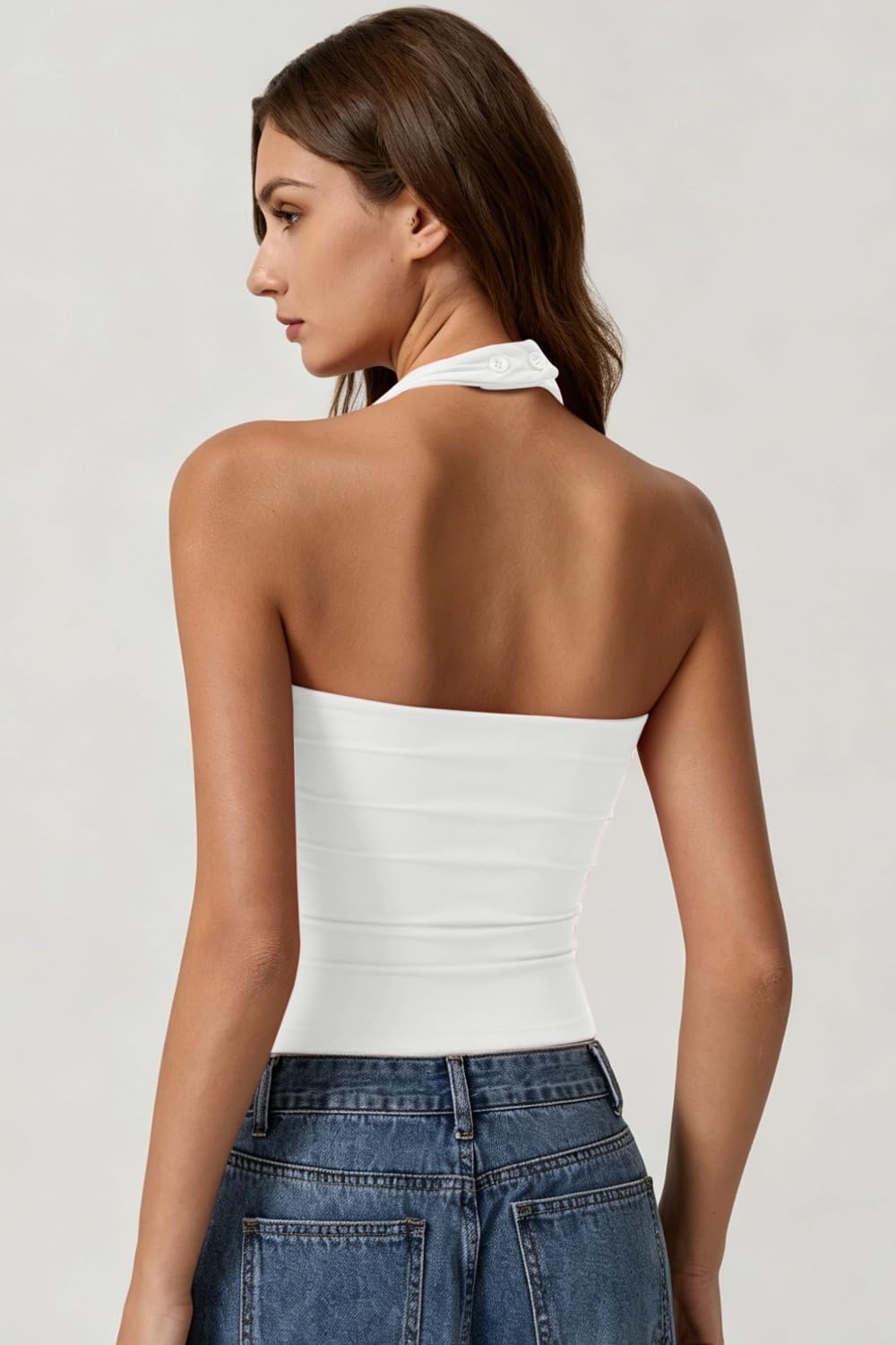 image:imageQINSEN Womens Halter Tank Top Button Closure Cropped Going Out Cami TopsWhite