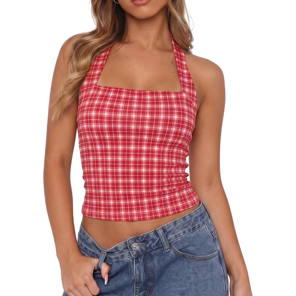 image:imageQINSEN Womens Halter Tank Top Button Closure Cropped Going Out Cami TopsRed Plaid