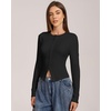 QINSEN Women’s Long Sleeve Crewneck T Shirts Ribbed Button Crop Top Going Out Tops(Black)
