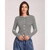 QINSEN Women’s Long Sleeve Crewneck T Shirts Ribbed Button Crop Top Going Out Tops(Black Stripen)