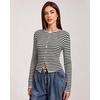 QINSEN Women’s Long Sleeve Crewneck T Shirts Ribbed Button Crop Top Going Out Tops(Black Stripen)