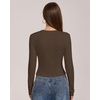 QINSEN Women’s Long Sleeve Crewneck T Shirts Ribbed Button Crop Top Going Out Tops(Coffee Bean)