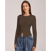 QINSEN Women’s Long Sleeve Crewneck T Shirts Ribbed Button Crop Top Going Out Tops(Coffee Bean)