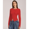 QINSEN Women’s Long Sleeve Crewneck T Shirts Ribbed Button Crop Top Going Out Tops(Red)