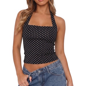 QINSEN Women’s Halter Tank Top Button Closure Cropped Going Out Cami Tops(Black With White Dots)