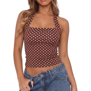QINSEN Women’s Halter Tank Top Button Closure Cropped Going Out Cami Tops(Brown With White Dots)
