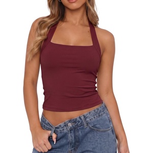 QINSEN Women’s Halter Tank Top Button Closure Cropped Going Out Cami Tops(Burgundy)