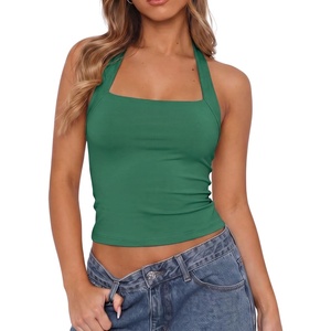 QINSEN Women’s Halter Tank Top Button Closure Cropped Going Out Cami Tops(Clover Green)