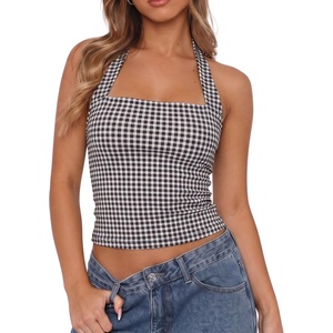 QINSEN Women’s Halter Tank Top Button Closure Cropped Going Out Cami Tops(Gingham)