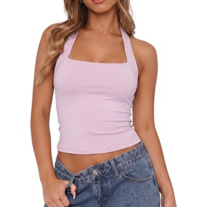 QINSEN Women’s Halter Tank Top Button Closure Cropped Going Out Cami Tops(Mauve Pink)
