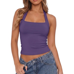 QINSEN Women’s Halter Tank Top Button Closure Cropped Going Out Cami Tops(Plum)