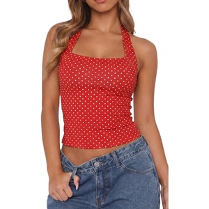 QINSEN Women’s Halter Tank Top Button Closure Cropped Going Out Cami Tops(Red With White Dots)