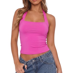 QINSEN Women’s Halter Tank Top Button Closure Cropped Going Out Cami Tops(Rosy)