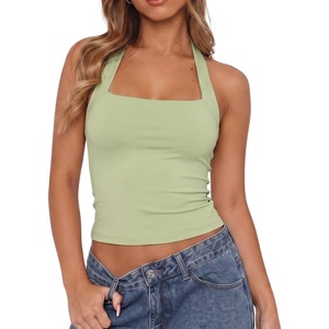 QINSEN Women’s Halter Tank Top Button Closure Cropped Going Out Cami Tops(Sage Green)