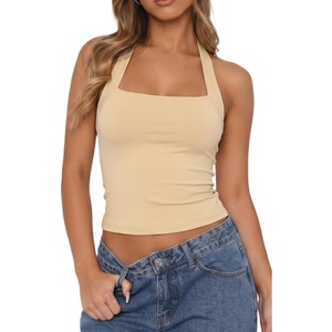 QINSEN Women’s Halter Tank Top Button Closure Cropped Going Out Cami Tops(Tan)