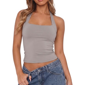QINSEN Women’s Halter Tank Top Button Closure Cropped Going Out Cami Tops(Taupe)