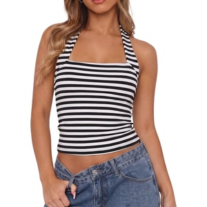 QINSEN Women’s Halter Tank Top Button Closure Cropped Going Out Cami Tops(White Black Stripes)