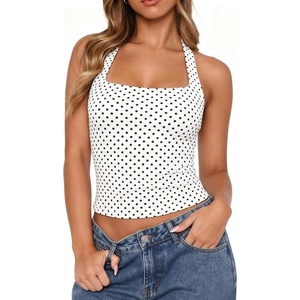 QINSEN Women’s Halter Tank Top Button Closure Cropped Going Out Cami Tops(White With Black Pots)