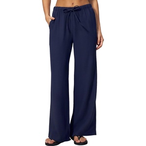 QINSEN Womens Wide Leg Palazzo Pants Wrinkle Resistant Flowy Drape Trousers(Admiral)