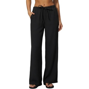 QINSEN Womens Wide Leg Palazzo Pants Wrinkle Resistant Flowy Drape Trousers(Black)