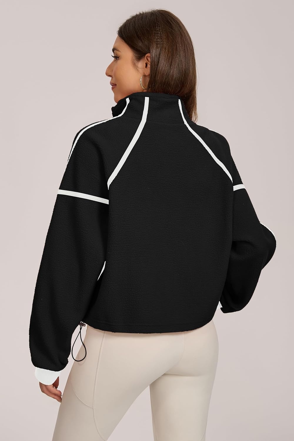 image:imageQINSEN Women Fleece Jacket Cropped FullZip Up Sherpa Jackets Warm Stand Collar Outerwear with PocketsBlack