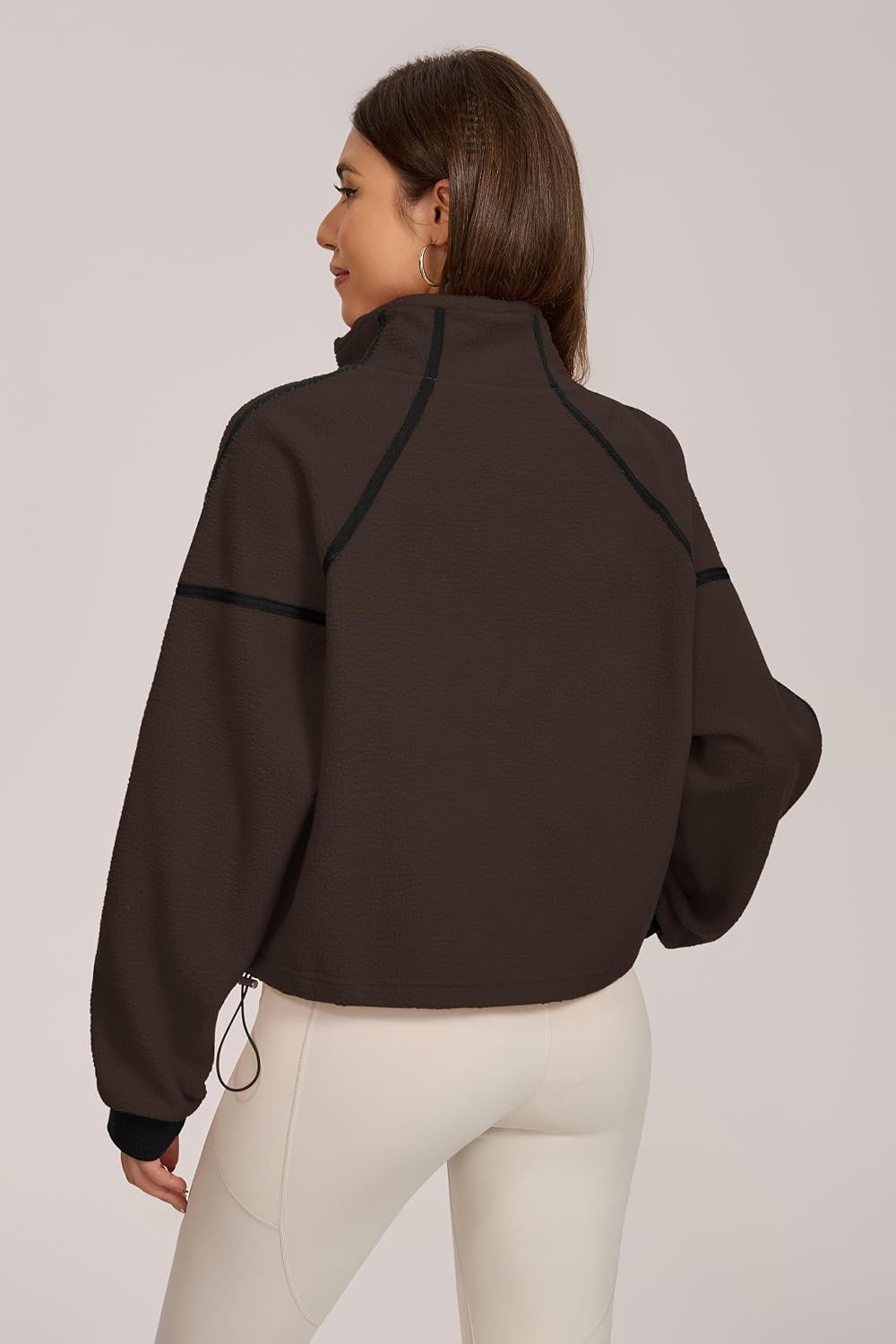 image:imageQINSEN Women Fleece Jacket Cropped FullZip Up Sherpa Jackets Warm Stand Collar Outerwear with PocketsBrown