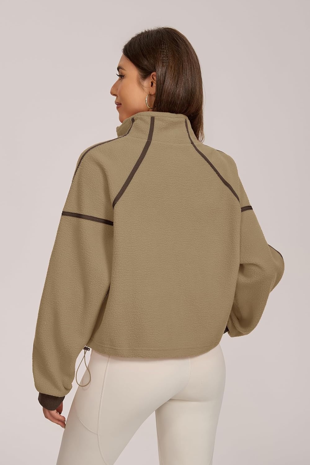 image:imageQINSEN Women Fleece Jacket Cropped FullZip Up Sherpa Jackets Warm Stand Collar Outerwear with PocketsCamel