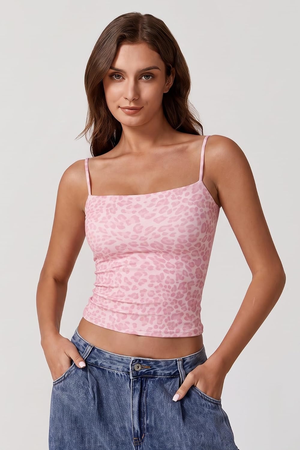 image:imageQINSEN Womens Double Lined Basic Tank Top Adjustable Spaghetti Straps Sleeveless Camisole ShirtsLeopard Pink