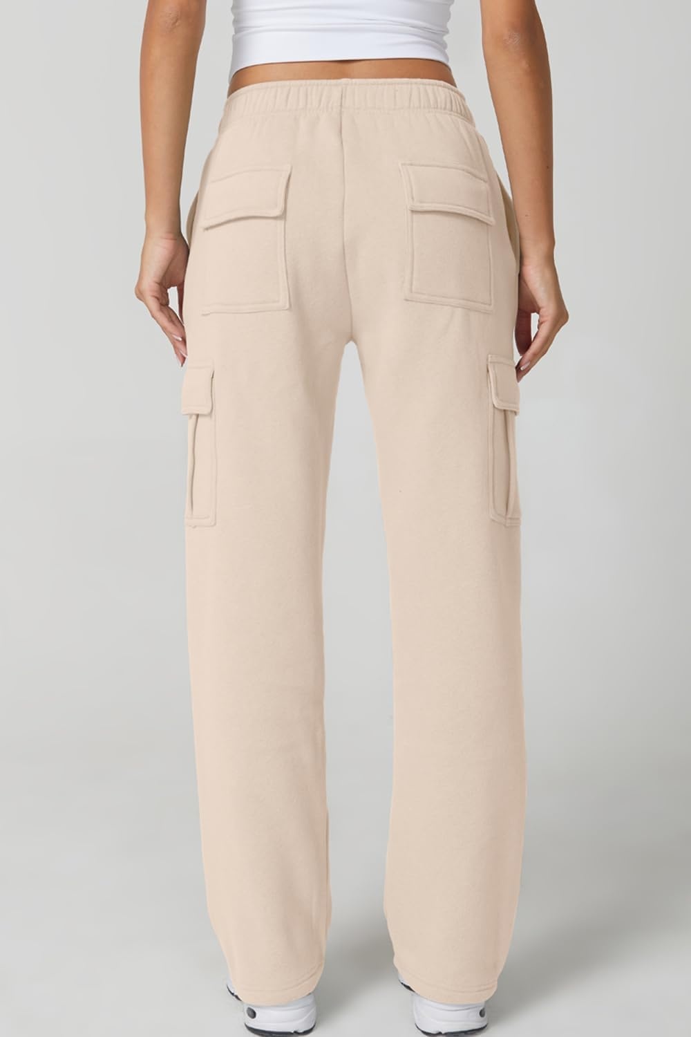 image:imageQINSEN Womens Elastic Medium Waist Pocket Sweatpants Fleece Cargo PantsBeige