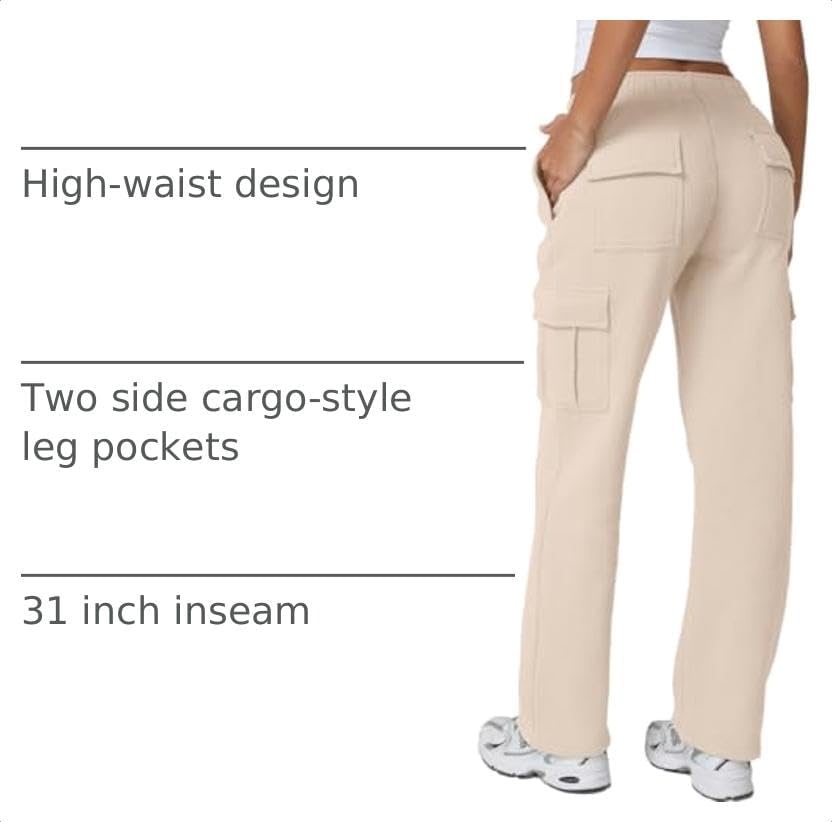 image:imageQINSEN Womens Elastic Medium Waist Pocket Sweatpants Fleece Cargo PantsBeige