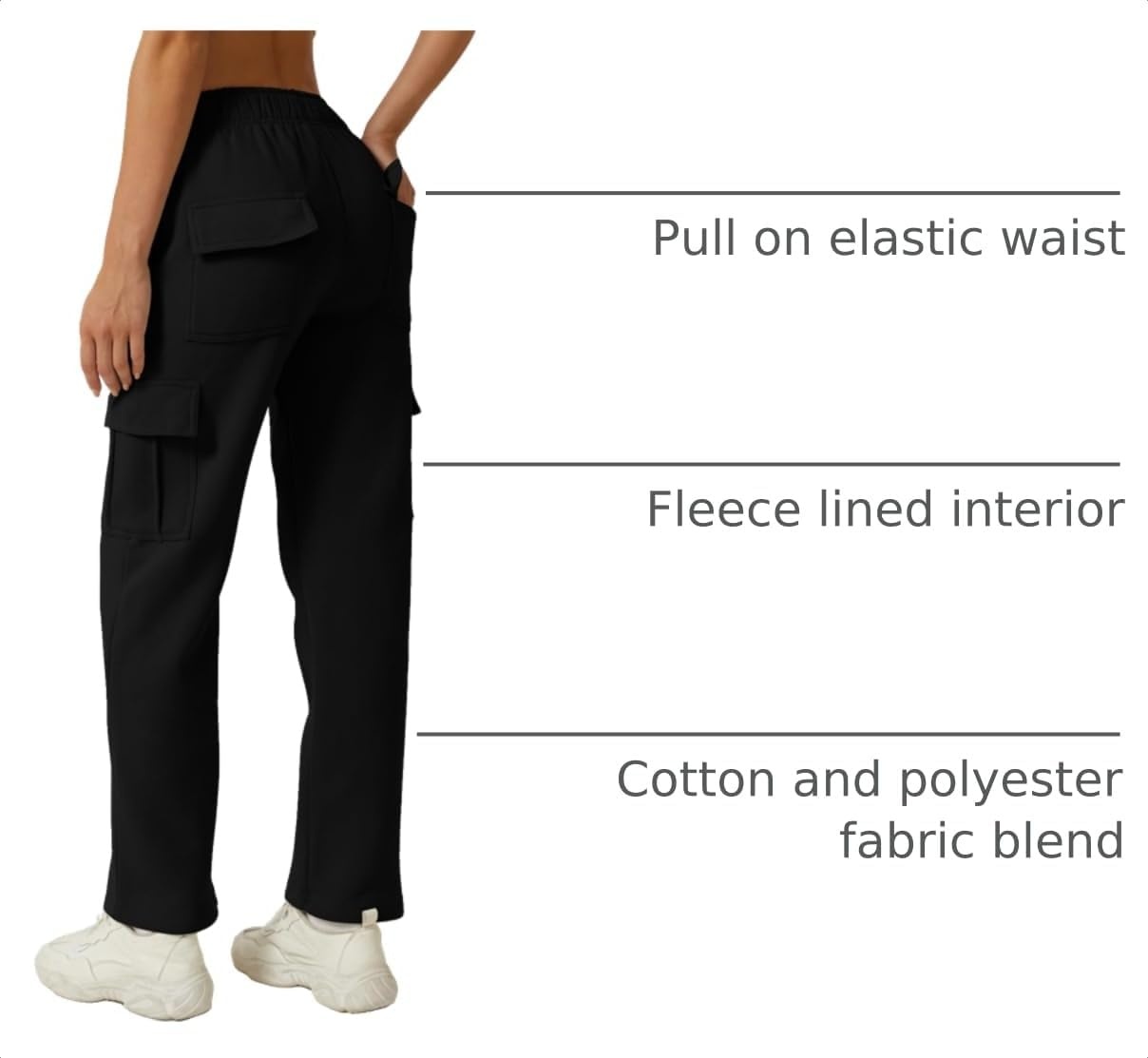 image:imageQINSEN Womens Elastic Medium Waist Pocket Sweatpants Fleece Cargo PantsBlack